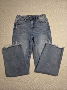 Light Blue Frayed-Hem Wide-Leg Jeans for Women